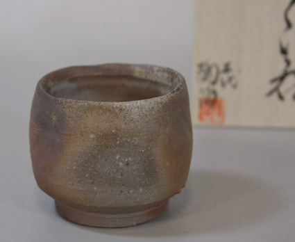 Japanese pottery - Bizen yohen yunomi teacup bowl by Mimura Kimiko