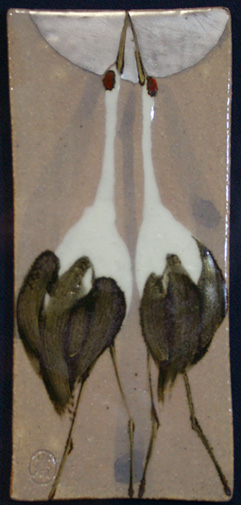Two Cranes Framed Ceramic Painting by Yamakawa Iwao