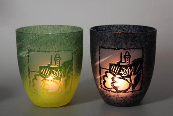 Japanese etched glass tumbler - lighthouse
