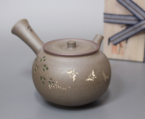 Yakishime bush clover & butterflies teapot by Seiho
