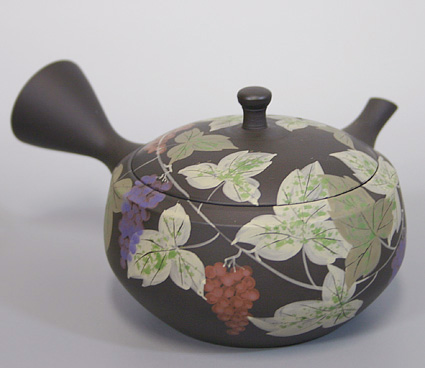 Japanese Tokoname Teapot by Shoryu - Handpainted grapevine