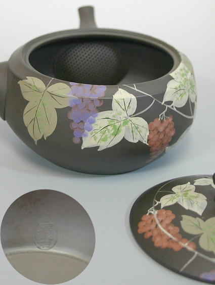 Japanese Tokoname Teapot by Shoryu - Handpainted grapevine