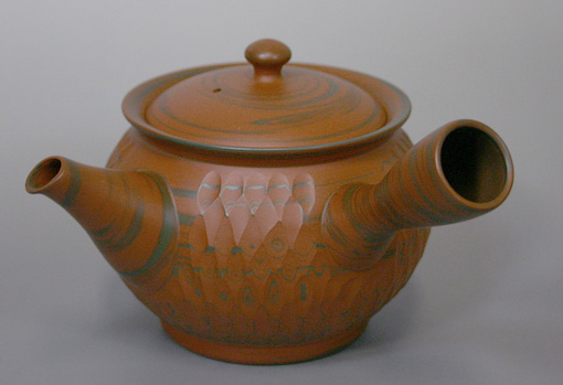 Tokoname red nerikomi teapot by Yusen