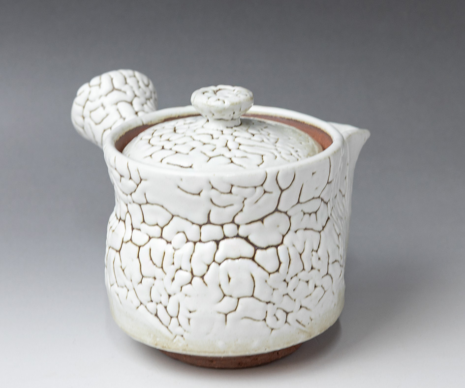 White kairagi kyusu teapot by Mukuhara Kashun, side view