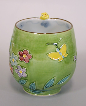 Japanese pottery/Kyoto ware -Yellow owl yunomi from Shouhou kiln