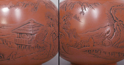 Japanese pottery - Tokoname teapot engraved by Kodo